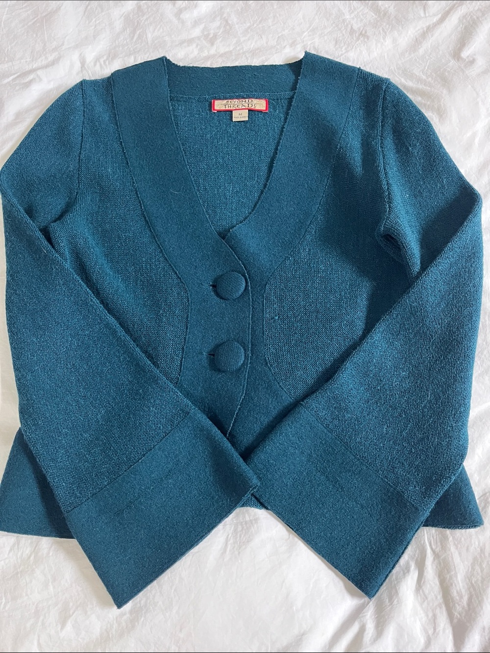 Beyond Threads Made in Peru Alpaca Wool Blend teal Cardigan large buttons front